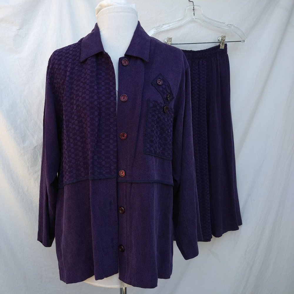 Vintage 90s CARIBE Rayon Purple Top & Skirt Set Women's Oversized Small